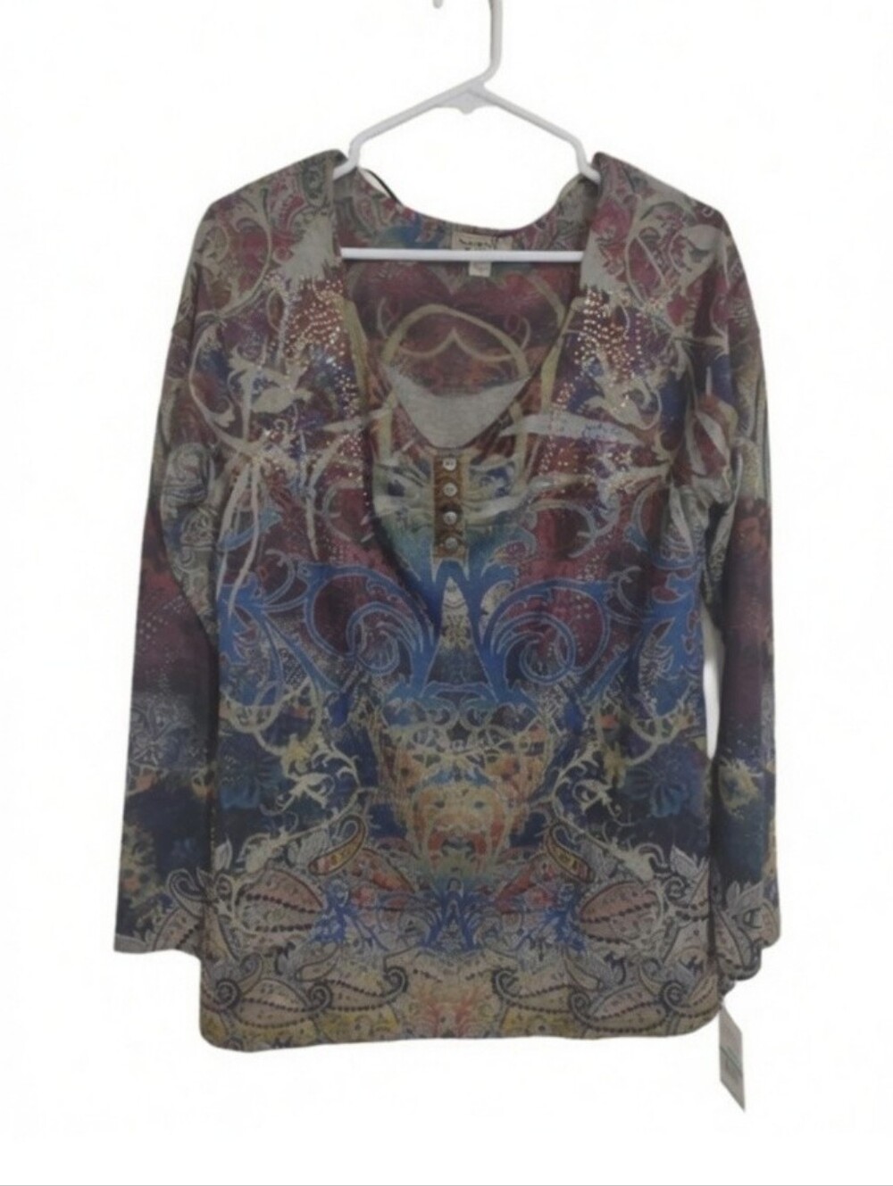 Live and Let Live Top Large Henley Long Sleeve Boho Paisley Print Bling Artsy